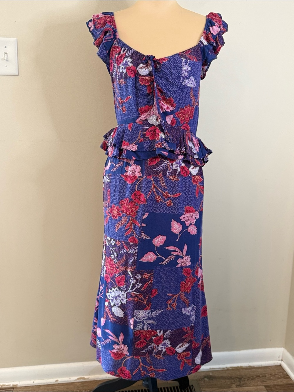 Sophia Jean maxi sundress floral patchwork blue red pink SZ M